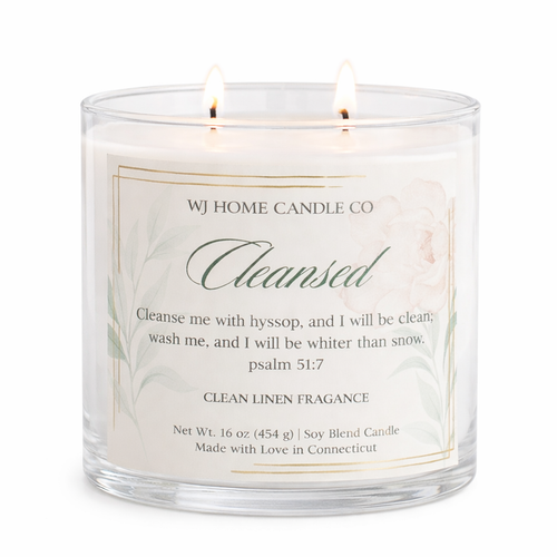 Cleansed – Clean Linen | 16 oz Soy Blend Candle (Psalm 51:7)
