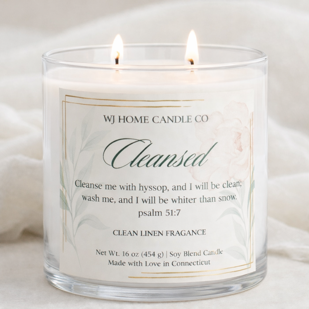 Cleansed – Clean Linen | 16 oz Soy Blend Candle (Psalm 51:7)