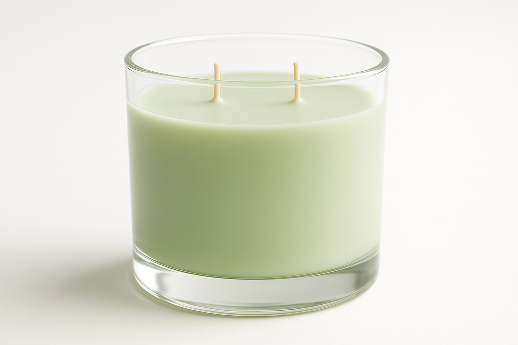 light green 2 wick candle in glass vessle